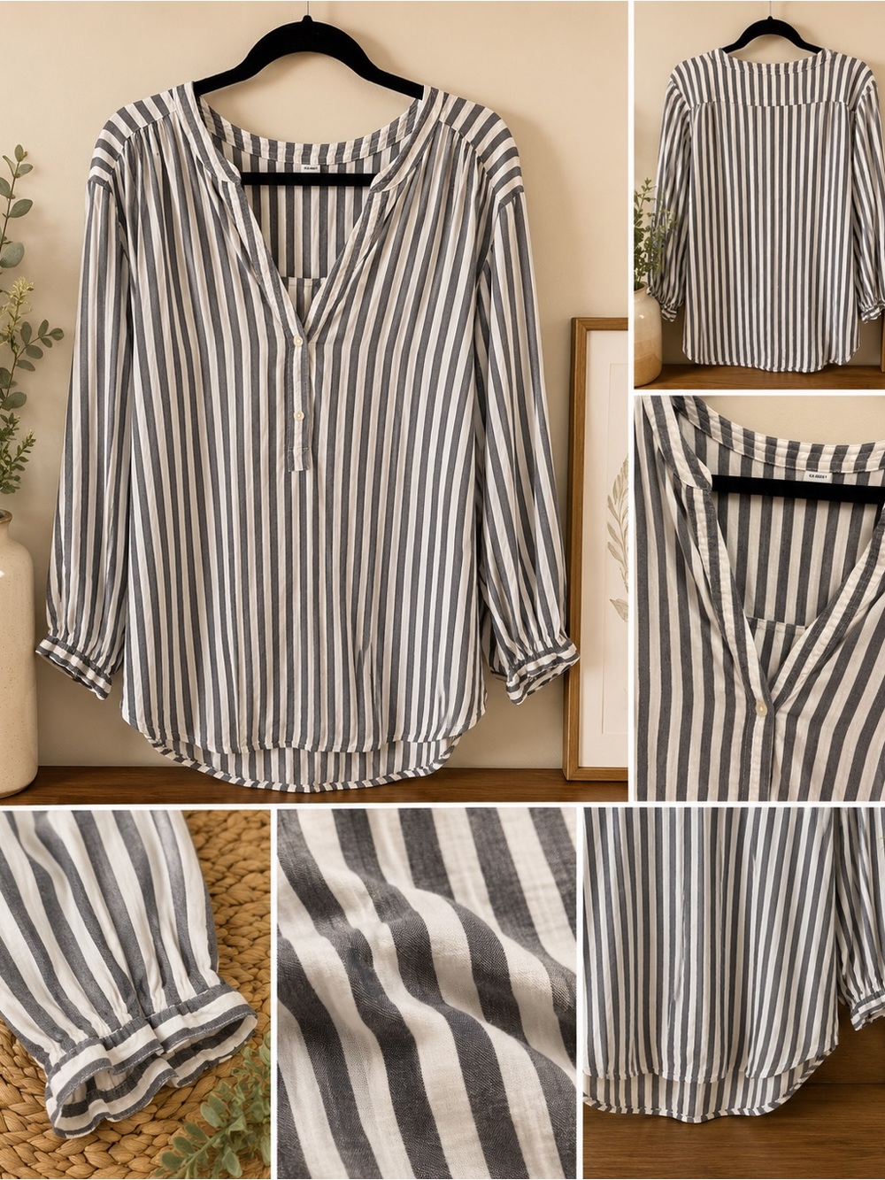 Old Navy  White and Navy Striped V-Neck Tunic- linen. XXL